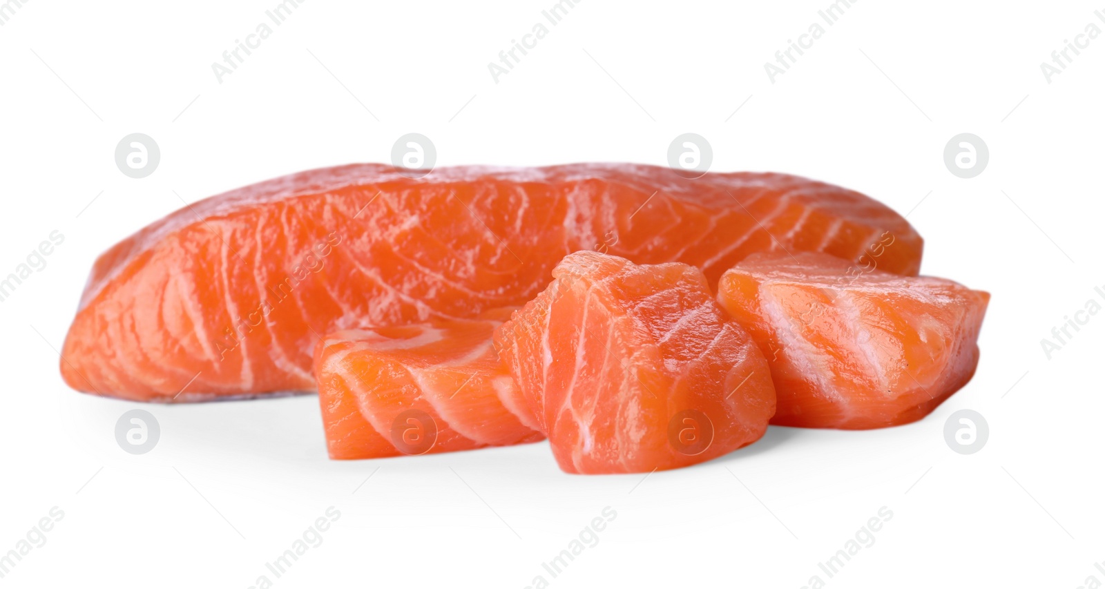 Photo of Pieces of fresh raw salmon on white background