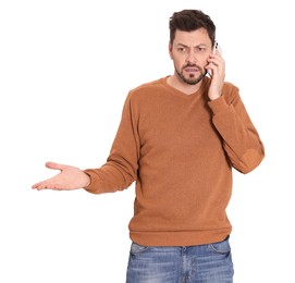 Photo of Man talking on phone against white background