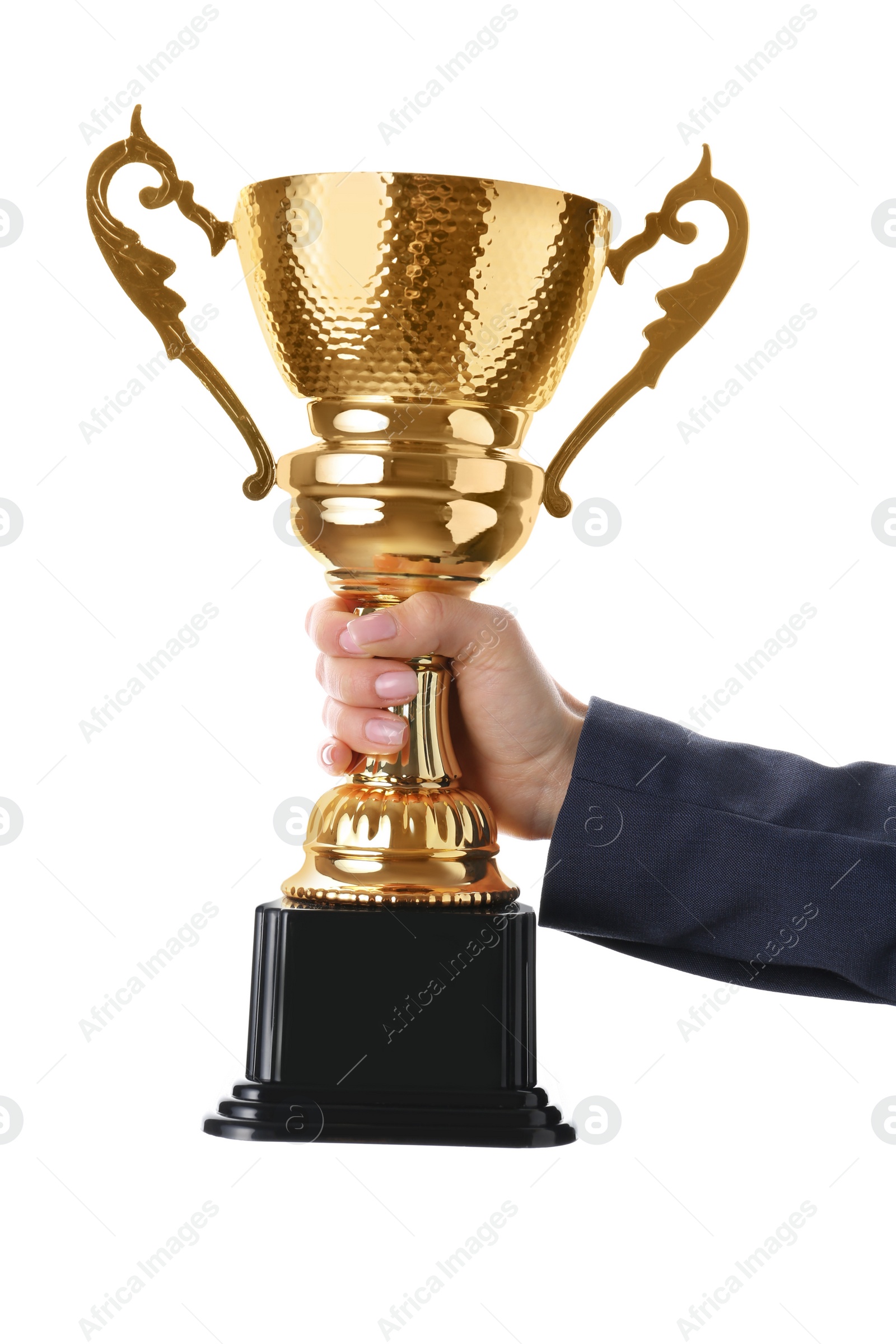 Photo of Woman holding golden trophy cup on white background, closeup