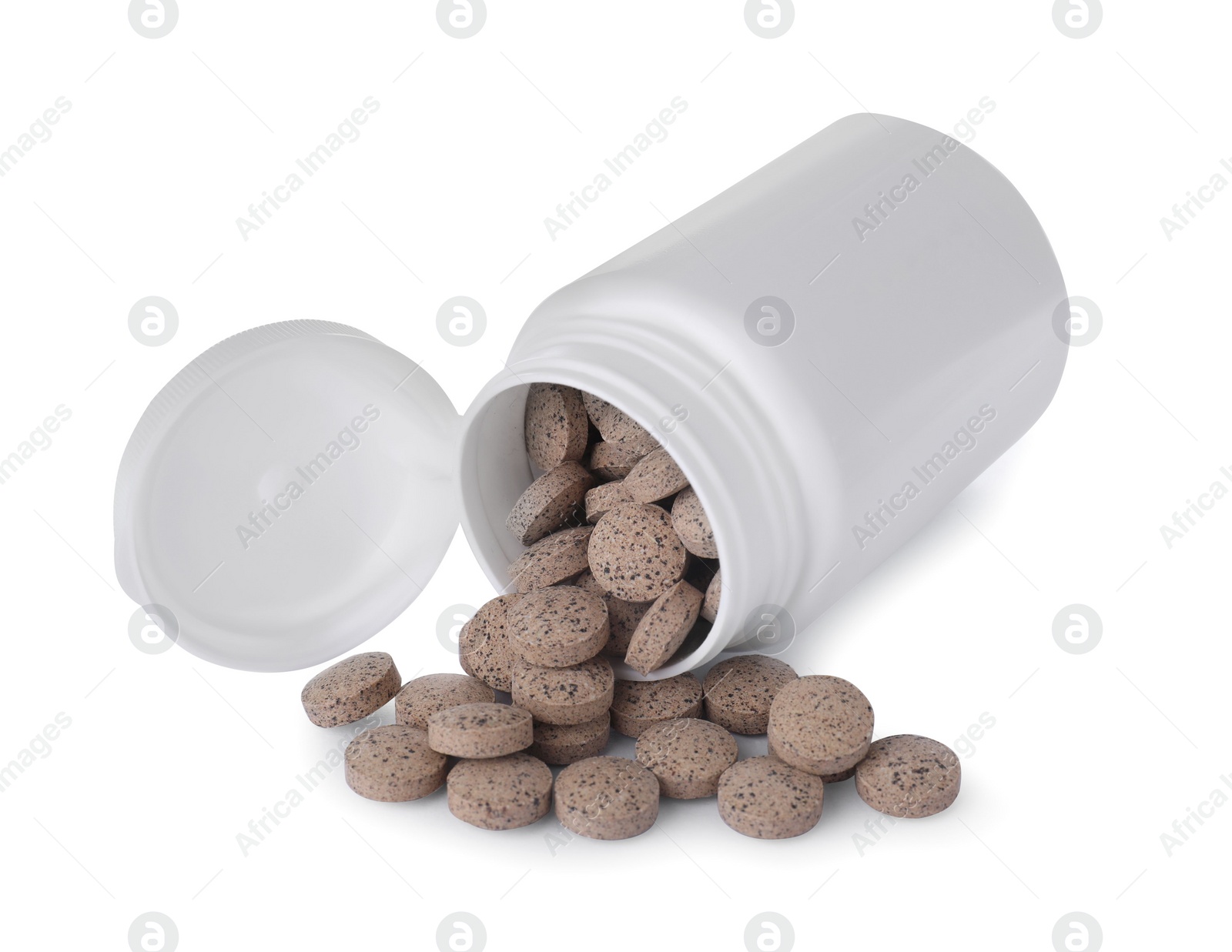 Photo of Plastic jar with brewer's yeast tablets isolated on white