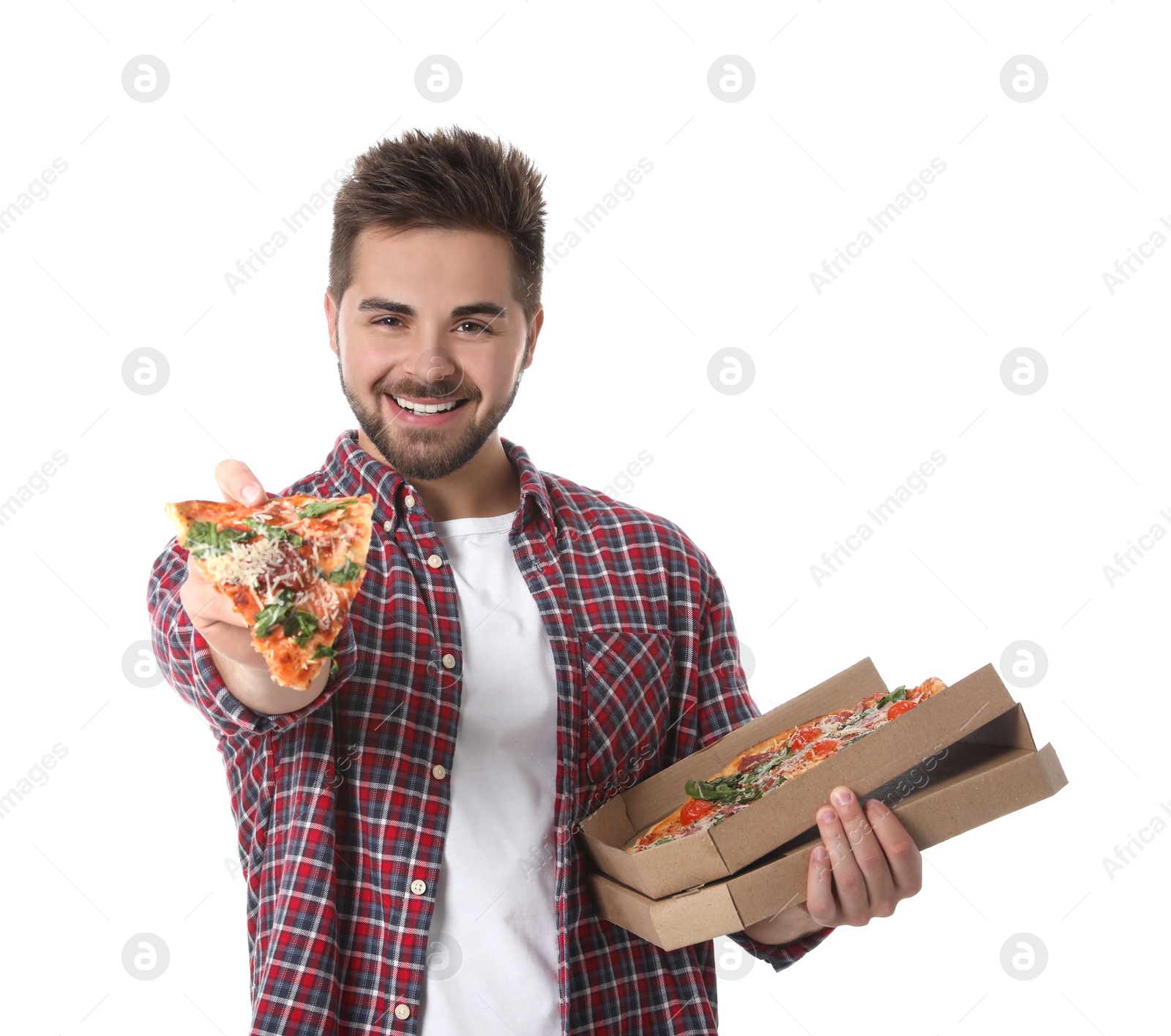 Photo of Handsome man with pizza isolated on white