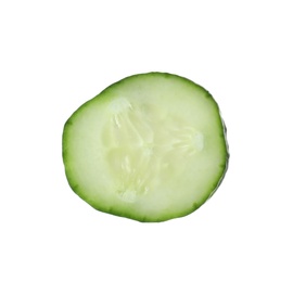 Photo of Slice of ripe cucumber on white background, top view