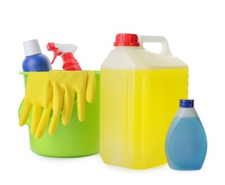 Photo of Set of different cleaning supplies on white background