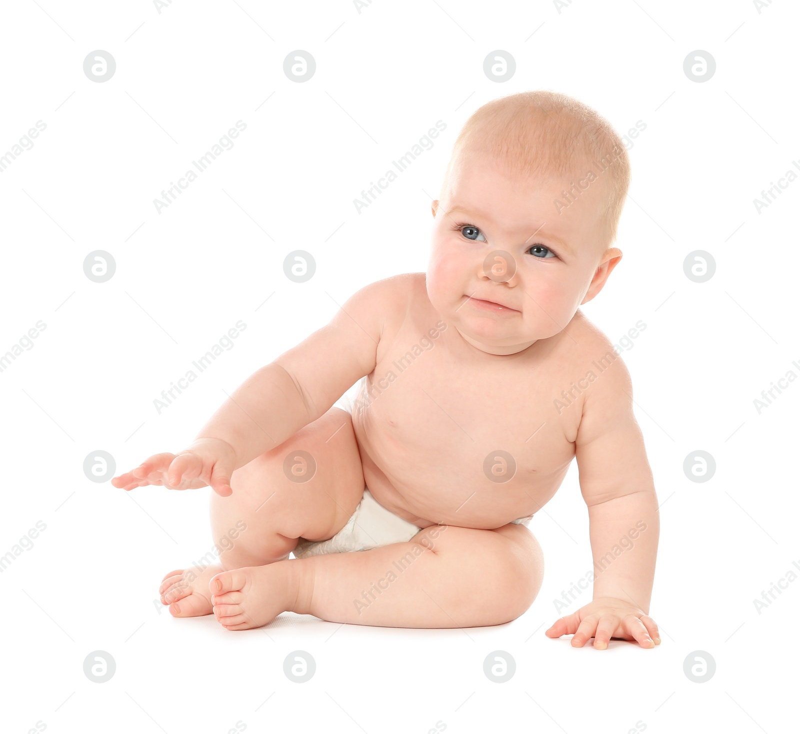 Photo of Cute little baby crawling on white background