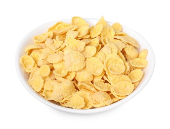 Photo of Breakfast cereal. Tasty corn flakes in bowl isolated on white