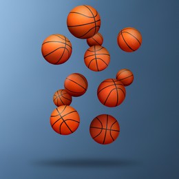 Image of Many basketball balls falling on steel blue gradient background