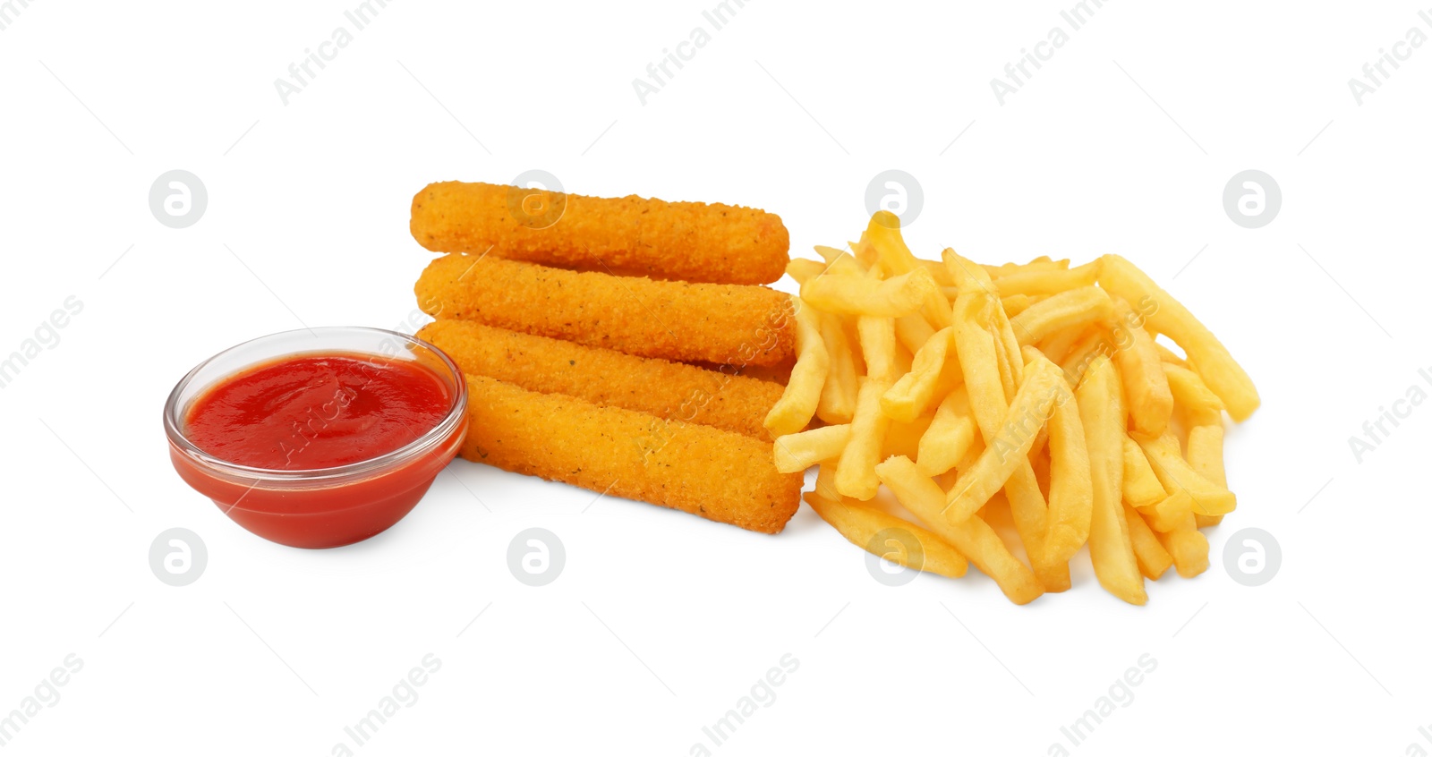 Photo of Tasty cheese sticks, french fries and ketchup on white background