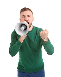 Photo of Young man shouting into megaphone on white background