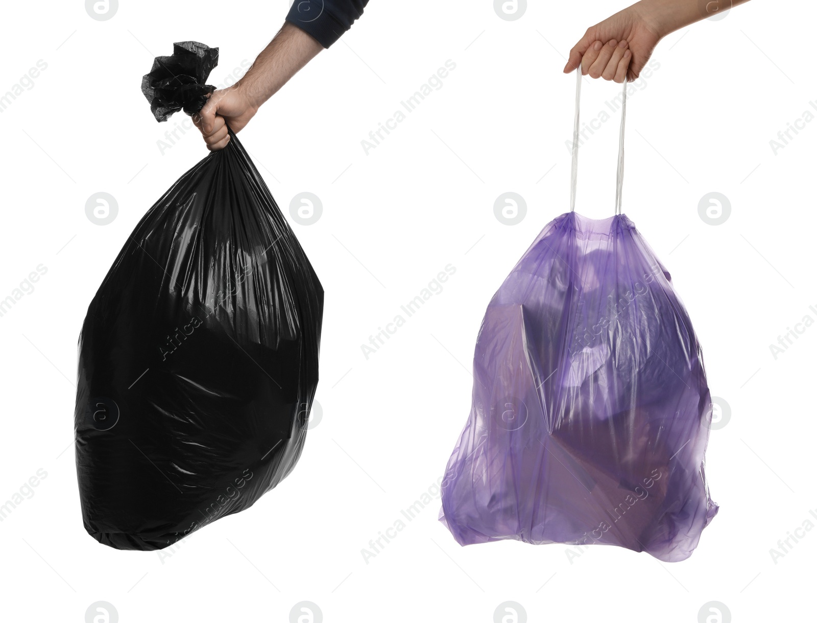 Image of Collage with photos of people holding trash bags on white background, closeup