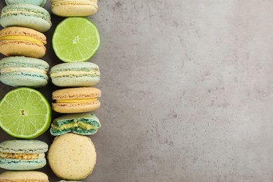 Delicious macarons and lime on grey table, flat lay. Space for text