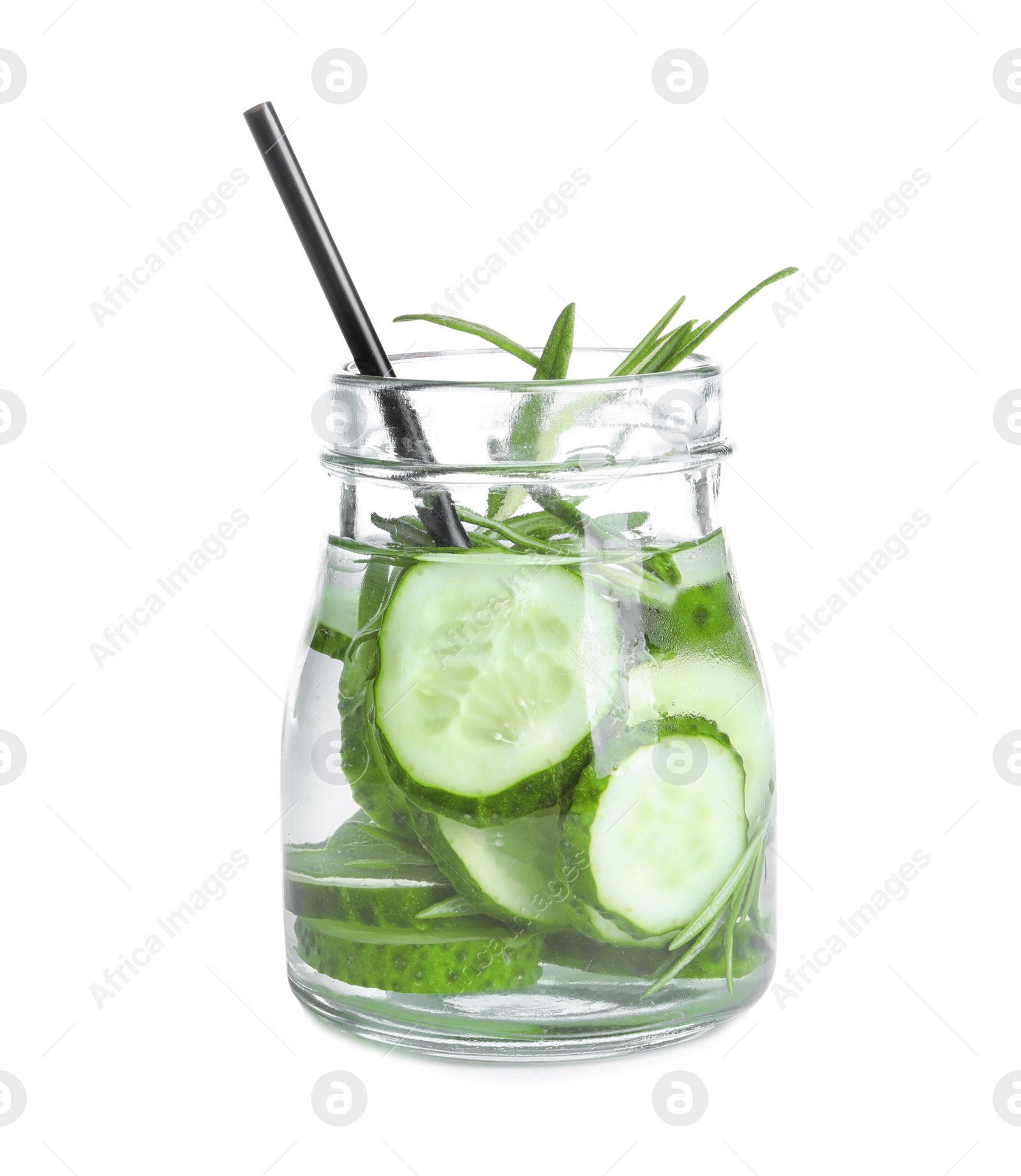 Photo of Natural lemonade with cucumber and rosemary in jar on white background