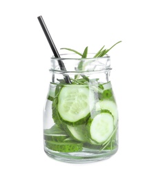 Photo of Natural lemonade with cucumber and rosemary in jar on white background