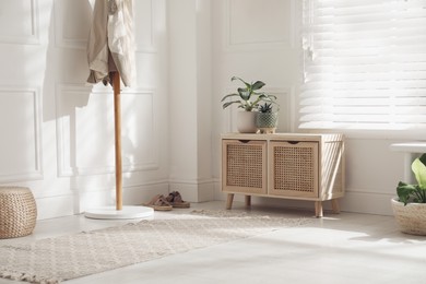 Stylish room interior with wooden chest of drawers and green plants