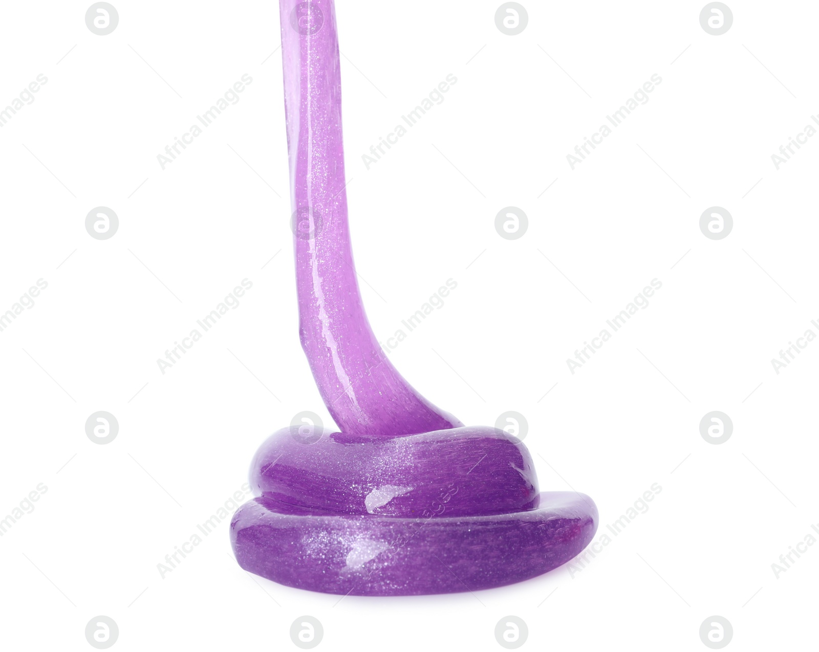 Photo of Flowing purple slime on white background. Antistress toy