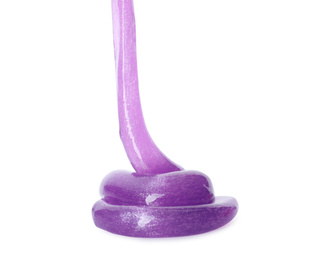 Photo of Flowing purple slime on white background. Antistress toy