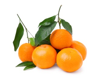 Fresh ripe juicy tangerines with green leaves isolated on white