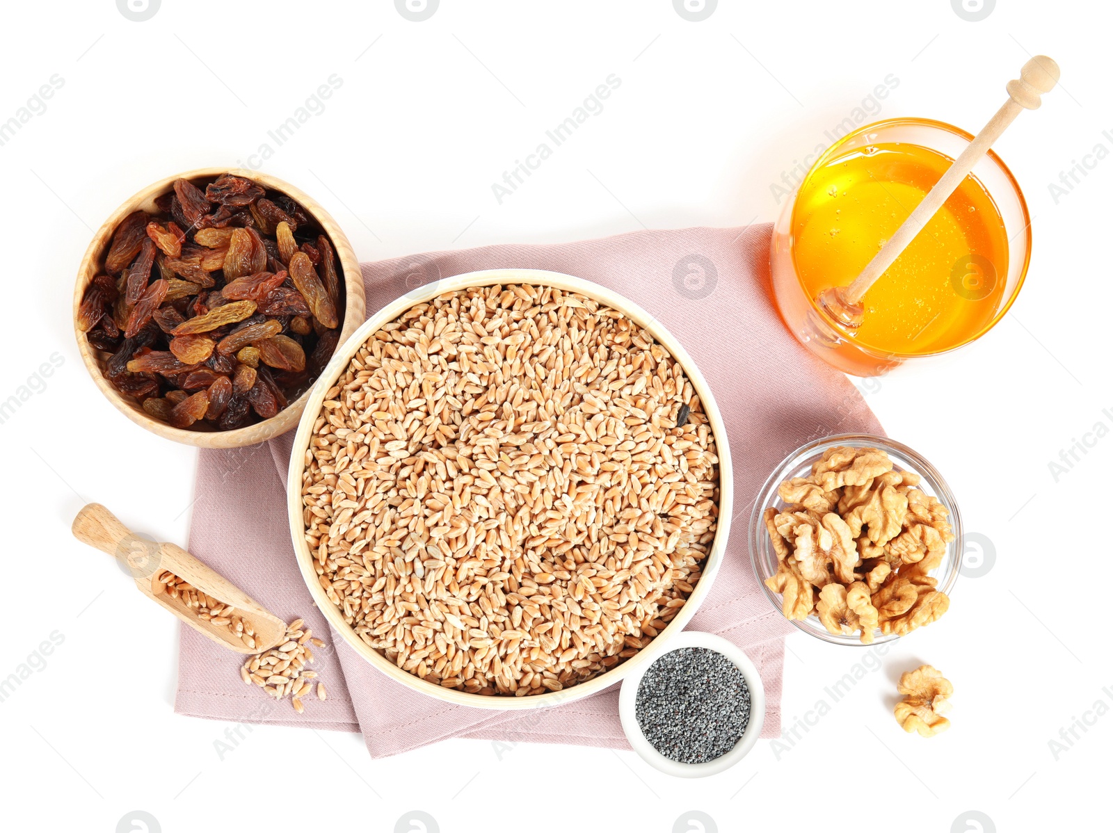 Photo of Ingredients for traditional kutia on white background, top view