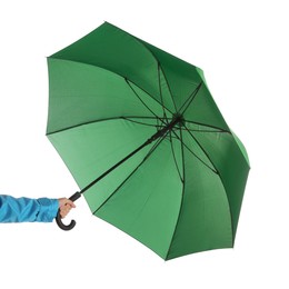 Photo of Woman with open green umbrella on white background, closeup