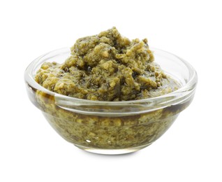 Tasty pesto sauce in bowl isolated on white