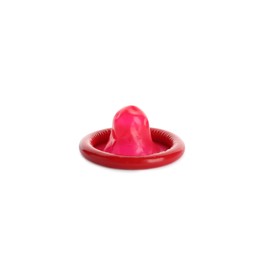 Photo of Unpacked red condom isolated on white. Safe sex