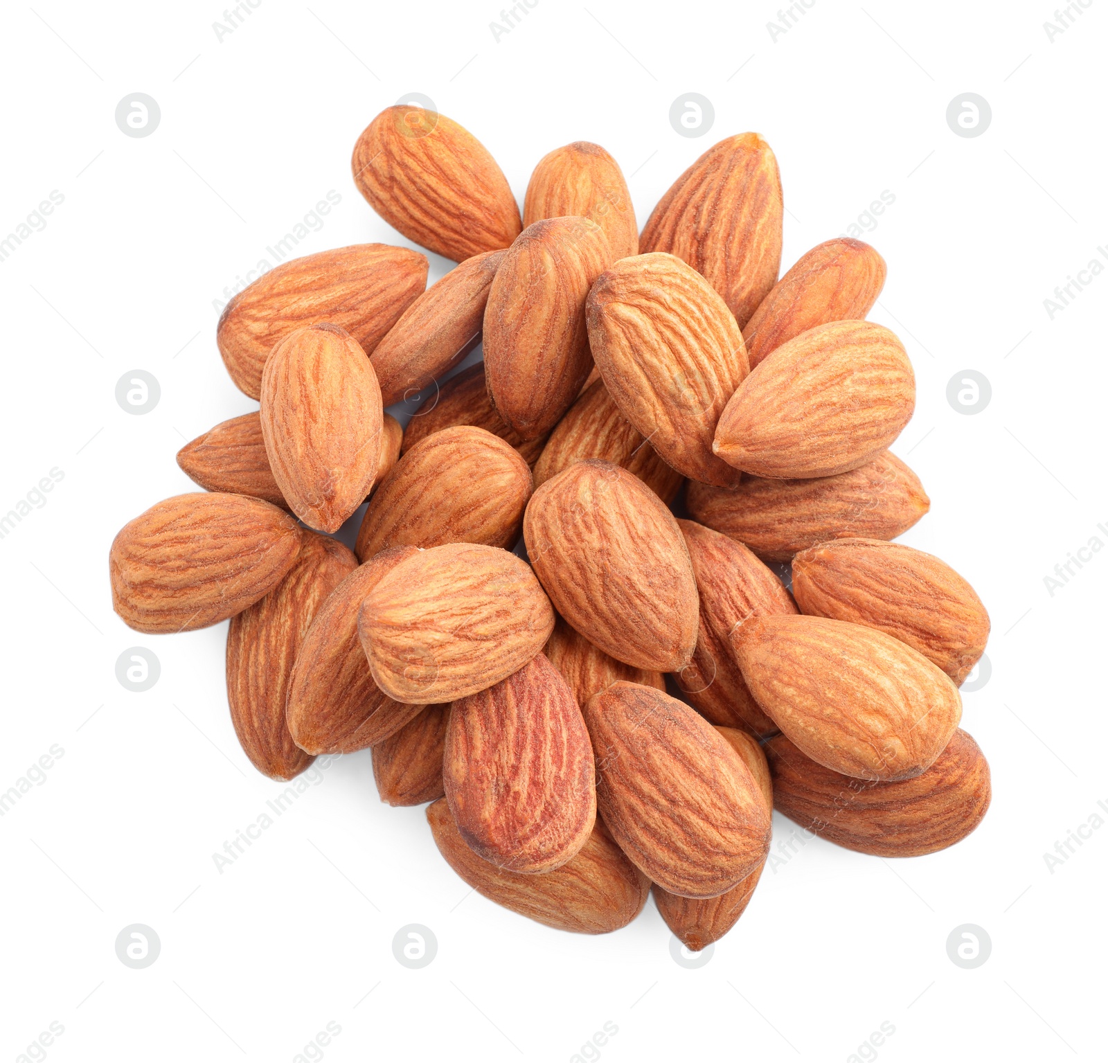 Photo of Organic dried apricot kernels on white background, top view