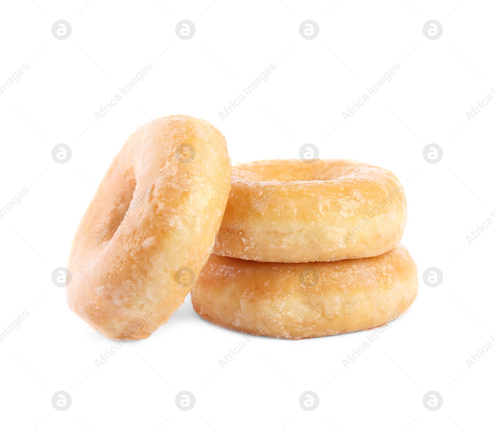 Photo of Sweet delicious glazed donuts on white background