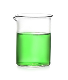 Photo of Beaker with light green liquid isolated on white