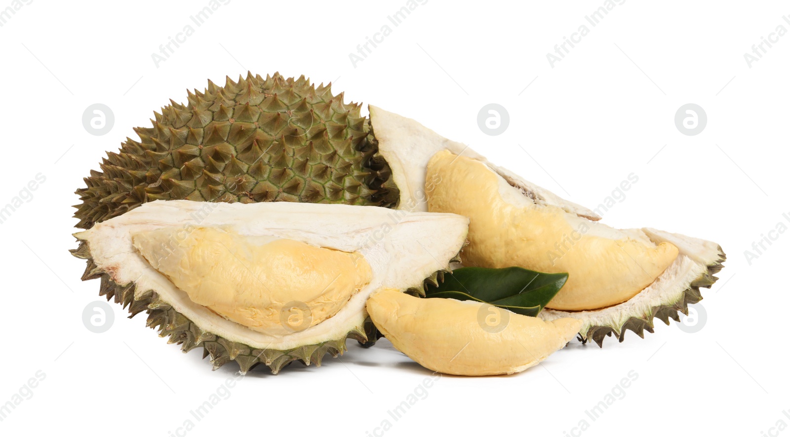 Photo of Cut and whole ripe durians on white background