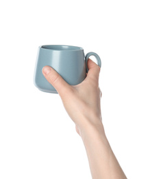 Photo of Woman holding cup on white background, closeup