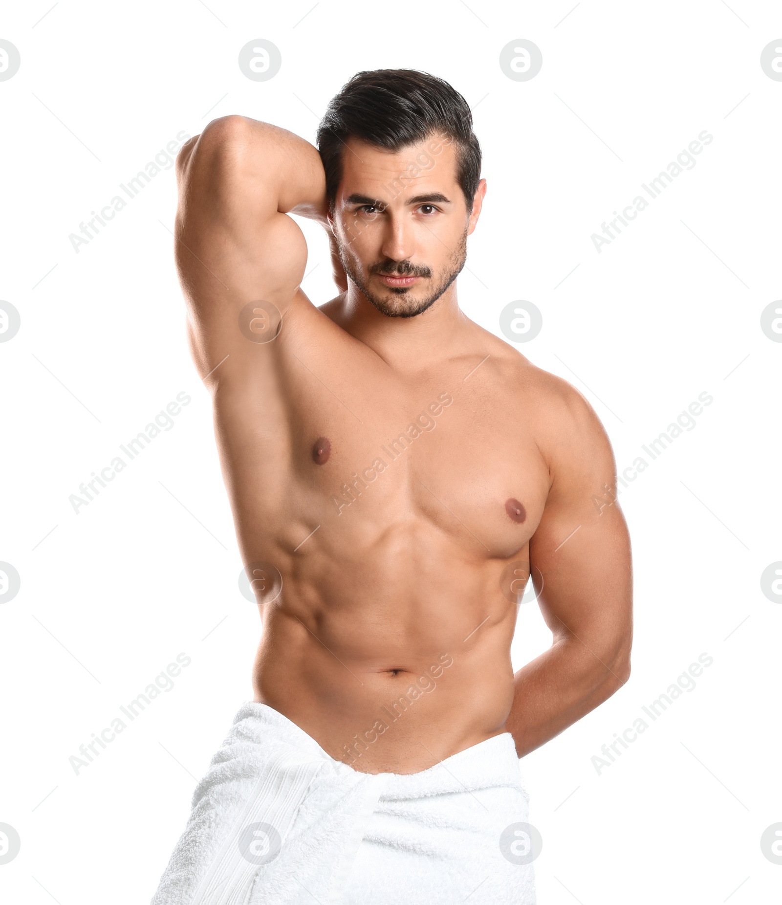 Photo of Young man with slim body on white background