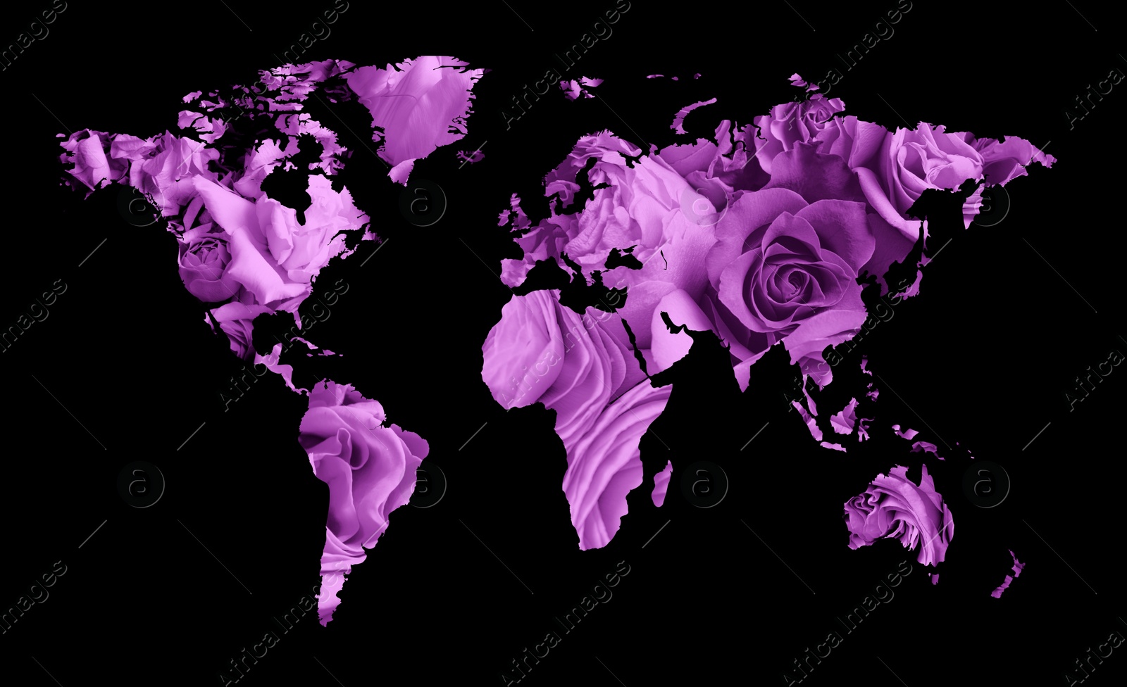 Image of World map made of beautiful flowers on black background, banner design