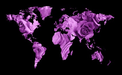 World map made of beautiful flowers on black background, banner design