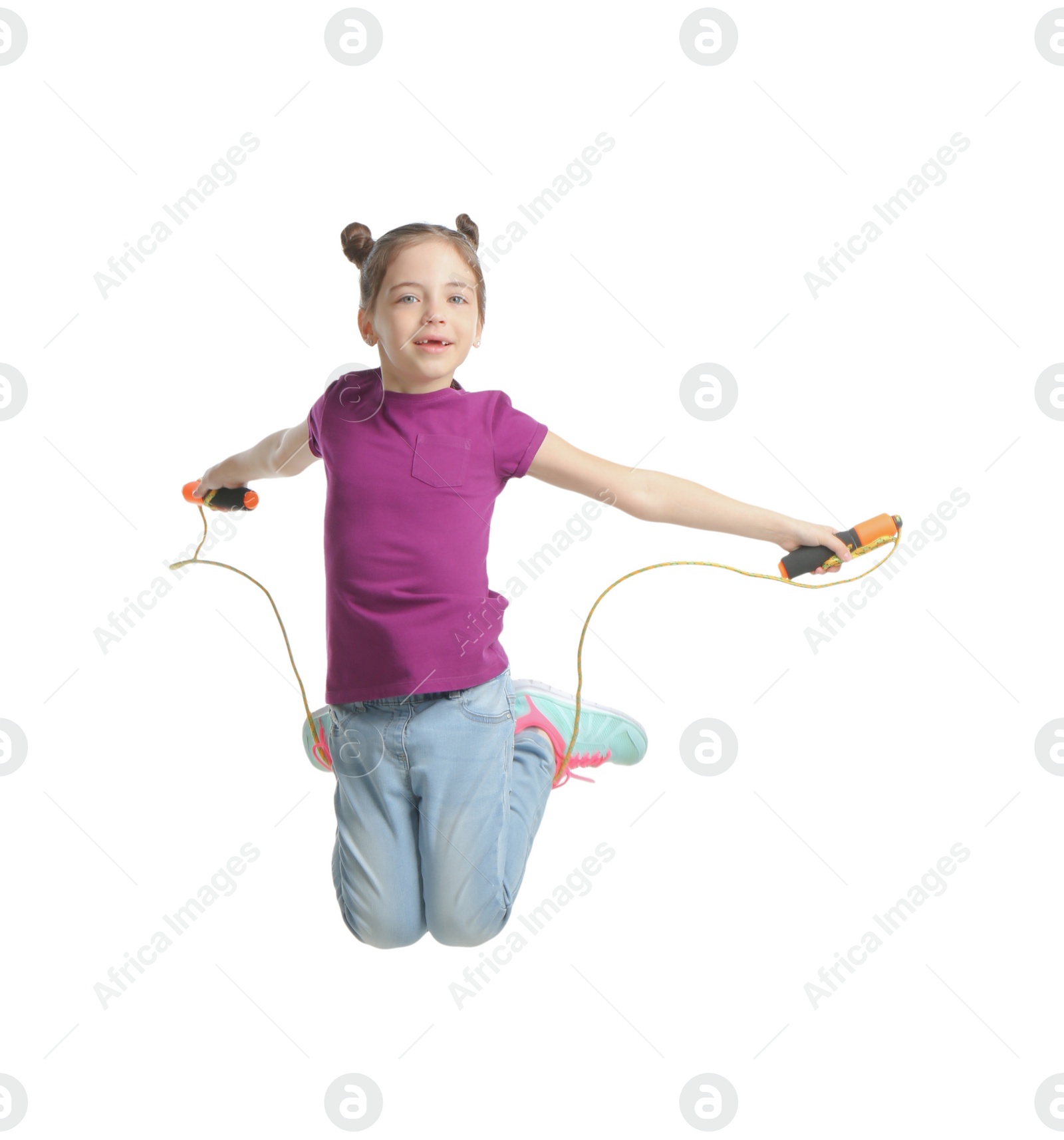 Photo of Cute little girl with jump rope on white background