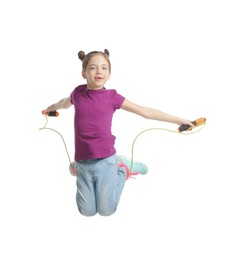 Photo of Cute little girl with jump rope on white background