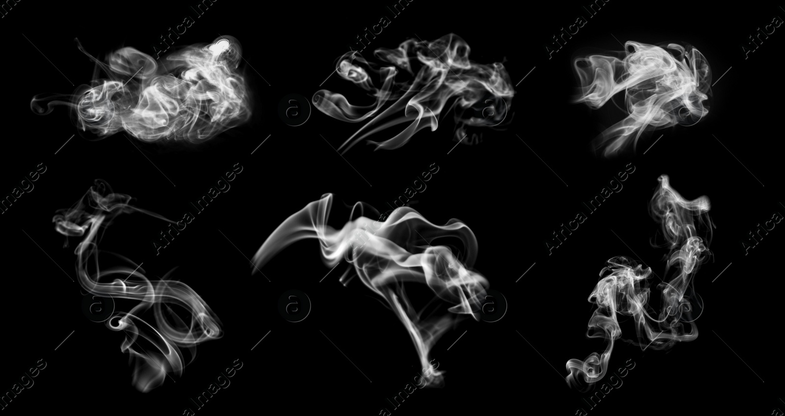 Image of Set with different clouds of white smoke on black background