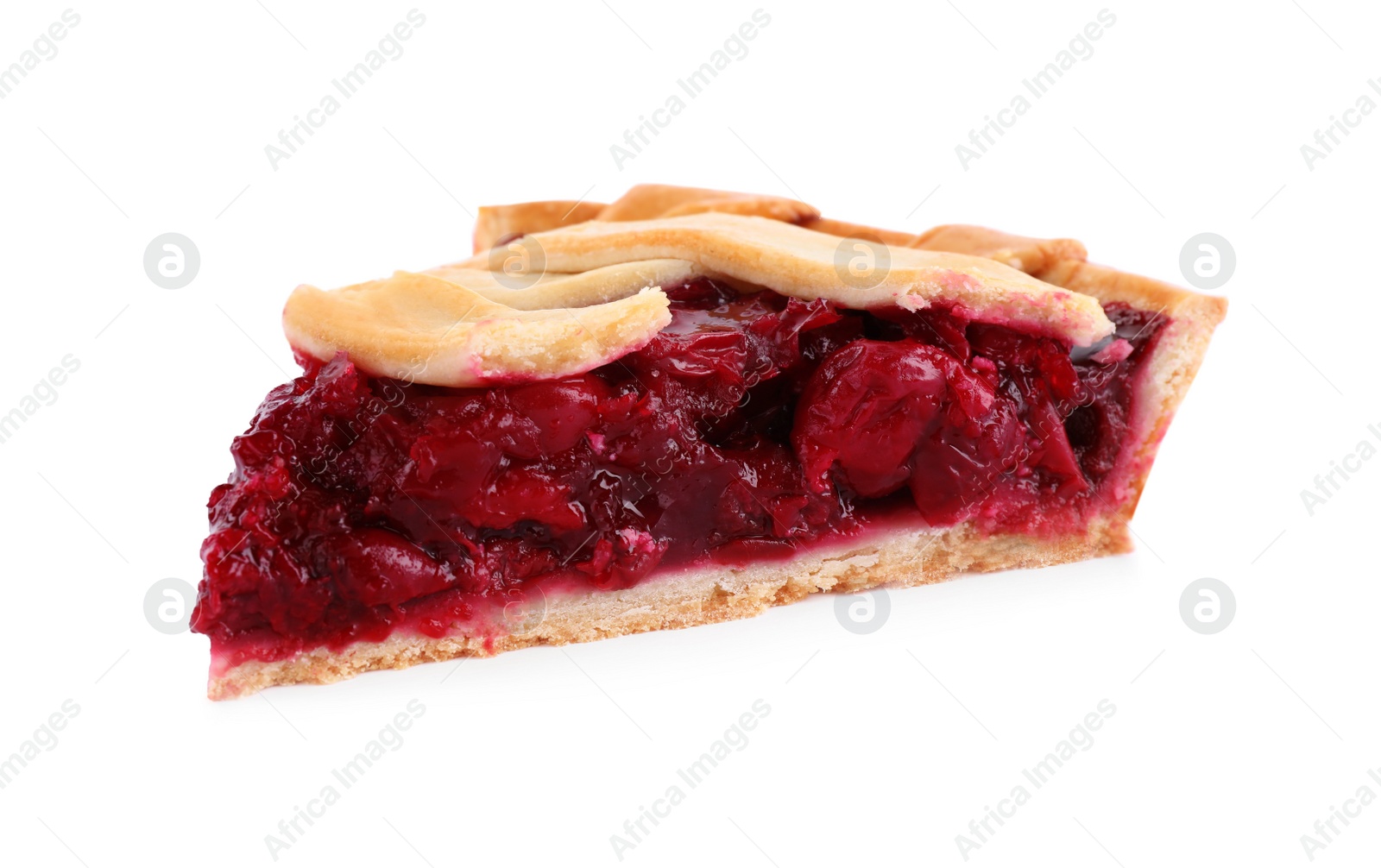 Photo of Slice of delicious fresh cherry pie isolated on white