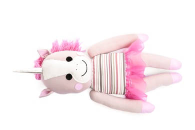 Photo of Cute soft toy unicorn isolated on white