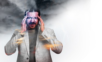 Image of Headache. Double exposure of man and lightning on white background