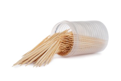 Photo of Holder with wooden toothpicks on white background