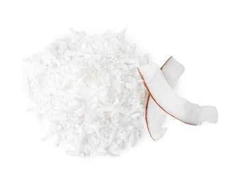 Pile of coconut flakes isolated on white, top view