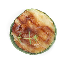 Photo of Delicious grilled zucchini slice on white background, top view