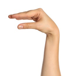 Woman gesturing on white background, closeup of hand