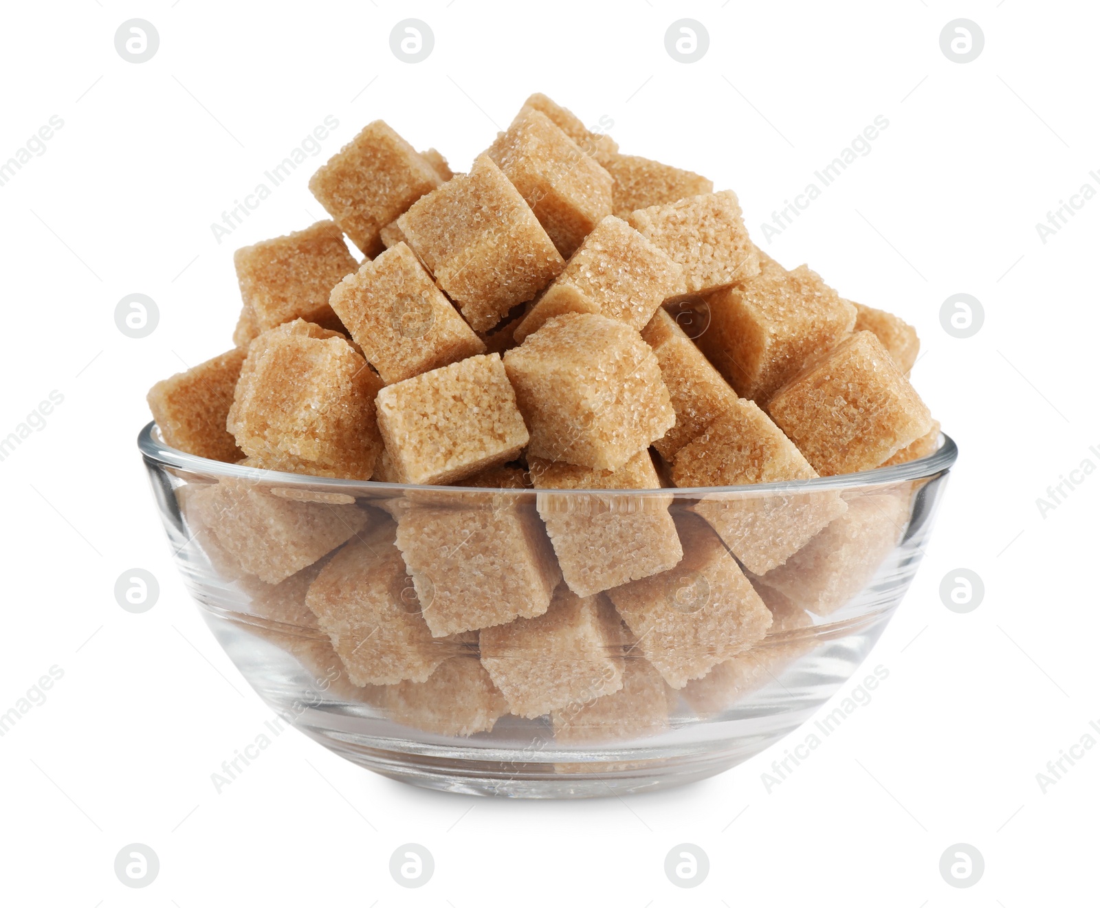 Photo of Bowl with cubes of brown sugar isolated on white