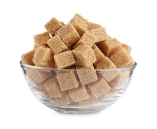 Photo of Bowl with cubes of brown sugar isolated on white