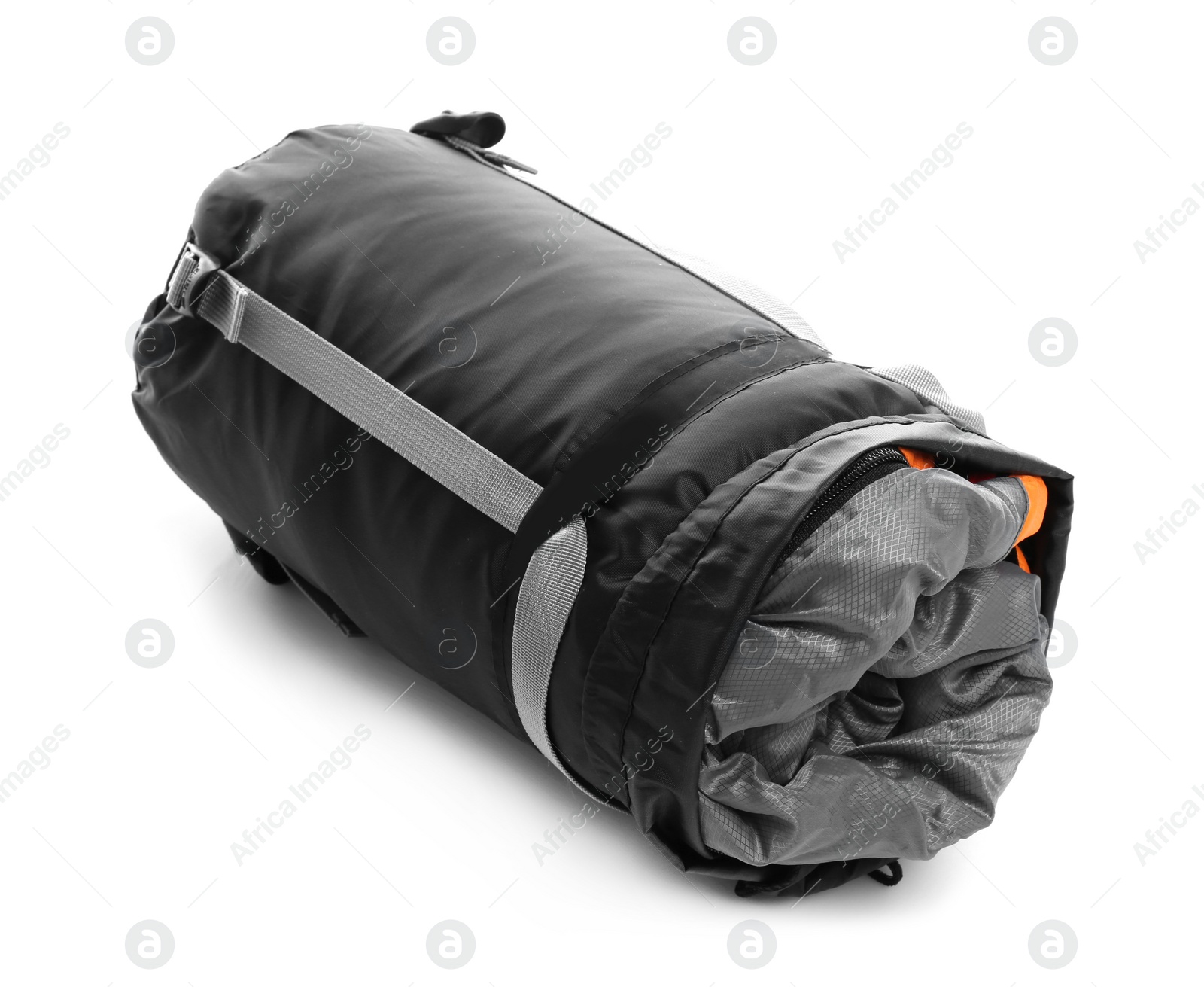 Photo of Sleeping bag in case on white background. Camping equipment