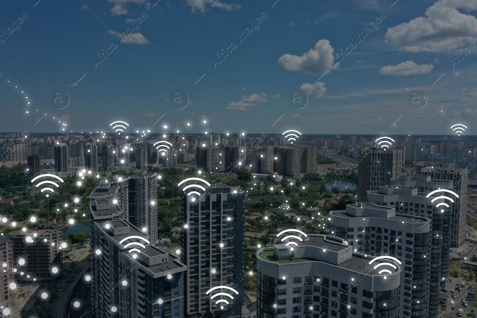 Image of Picturesque view of city with buildings and wi-fi symbols