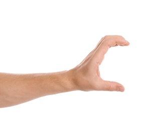 Man holding something in hand on white background, closeup