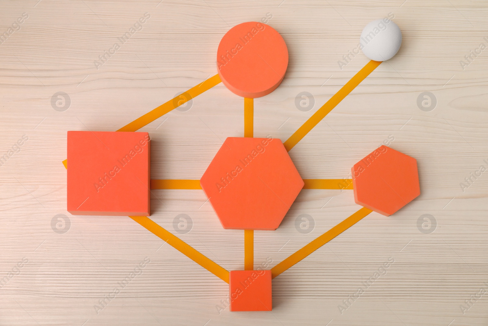 Photo of Business process organization and optimization. Scheme with geometric figures on wooden table, top view