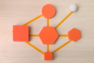 Business process organization and optimization. Scheme with geometric figures on wooden table, top view