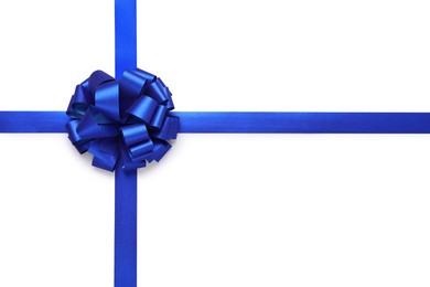 Photo of Blue ribbons with bow on white background, top view